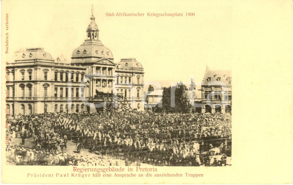 Cartolina originale da collezione 1900 PRETORIA SUDAFRICA Discorso di Paul KRUGER alle truppe Cartolina postale 1