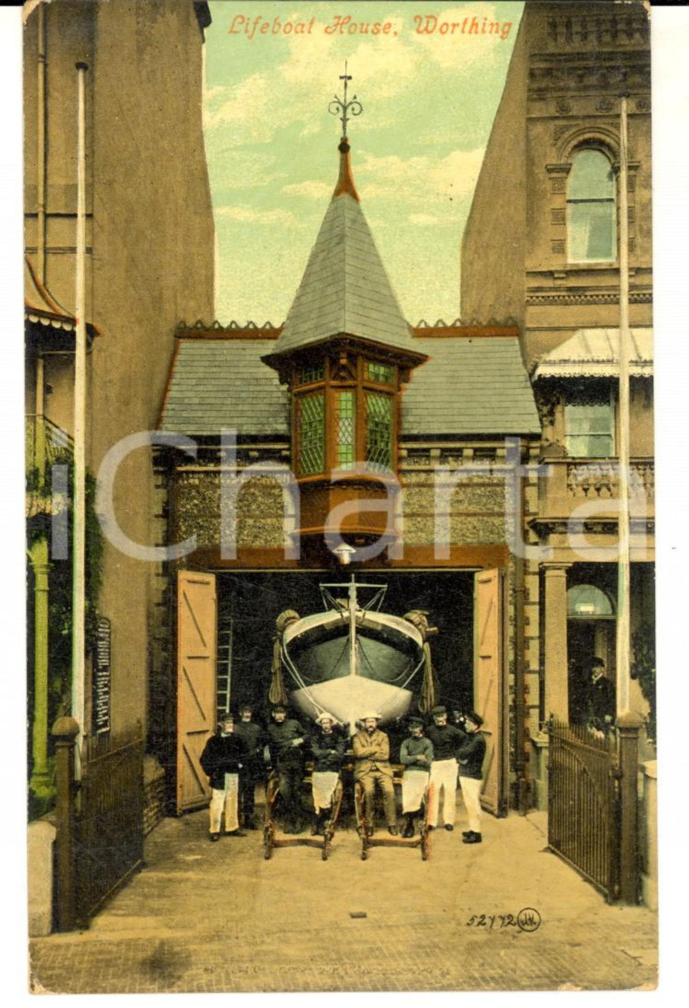 Cartolina originale da collezione 1908 WORTHING UK Lifeboat house Cartolina animata con marinai FP VG 1