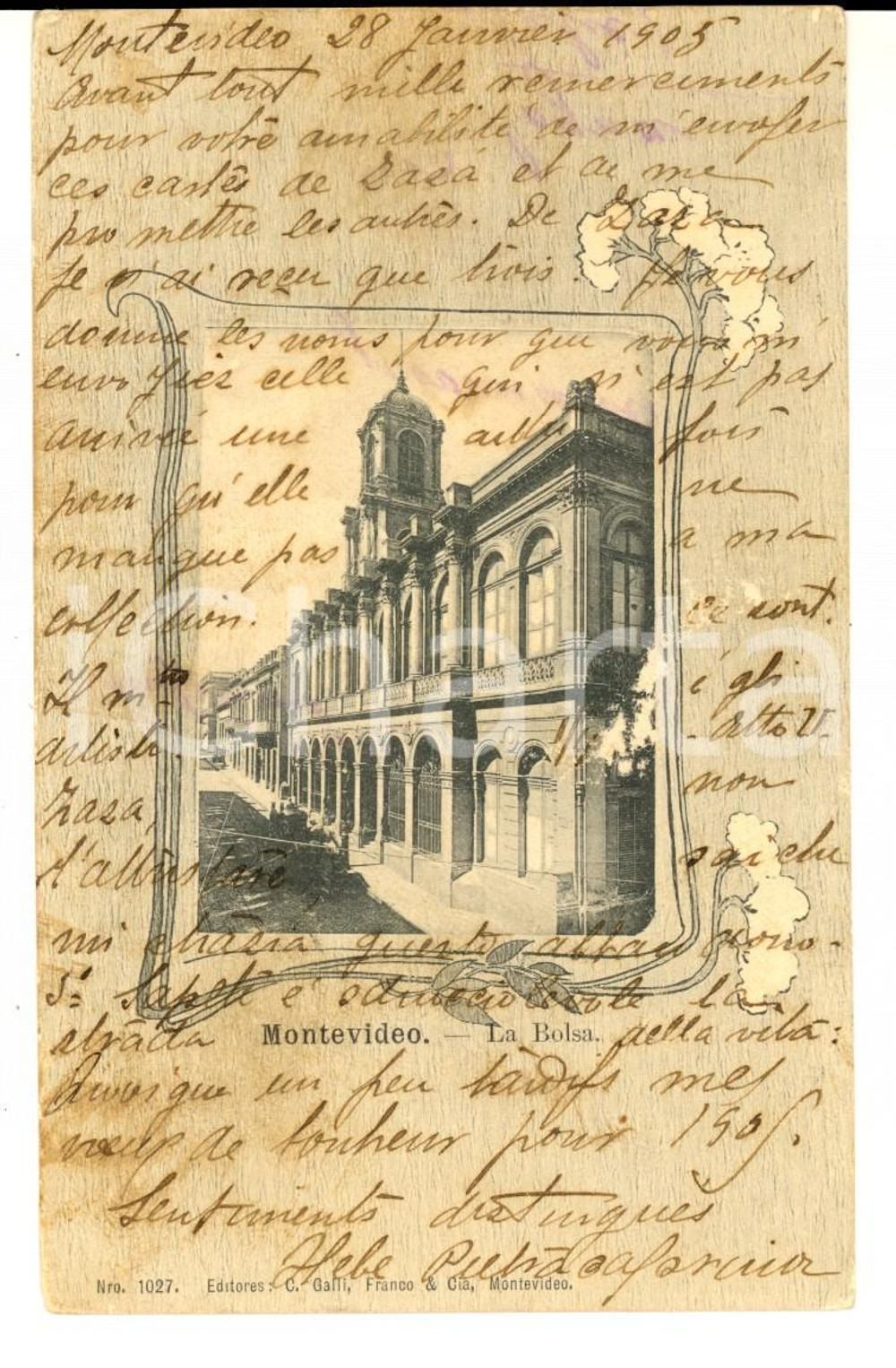 Cartolina originale da collezione 1905 MONTEVIDEO URUGUAY Veduta della Borsa Cartolina postale ILLUSTRATA FP 1