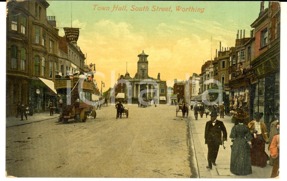 Cartolina originale da collezione 1908 WORTHING UK Town Hall, South Street Cartolina animata con omnibus FP VG 1