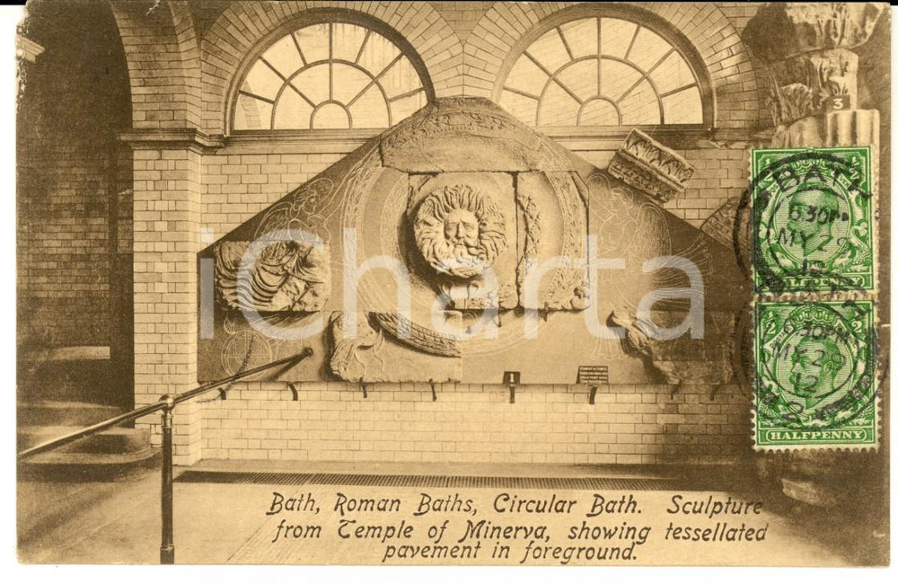 Cartolina originale da collezione 1912 BATH UK Roman Baths  Sculpture from Temple of Minerva VINTAGE postcard 1
