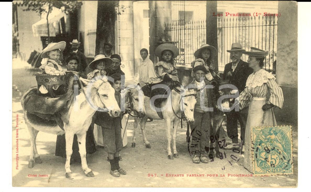 Cartolina originale da collezione 1906 PYRENEES Bambini partono per una passeggiata sull asino Cartolina FP VG 1