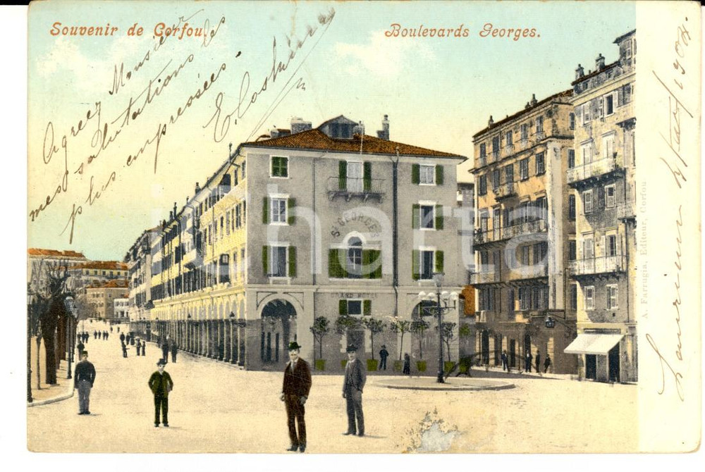 Cartolina originale da collezione 1904 CORFU  GRECIA Boulevards GEORGES con Grand Hotel Cartolina ANIMATA 1