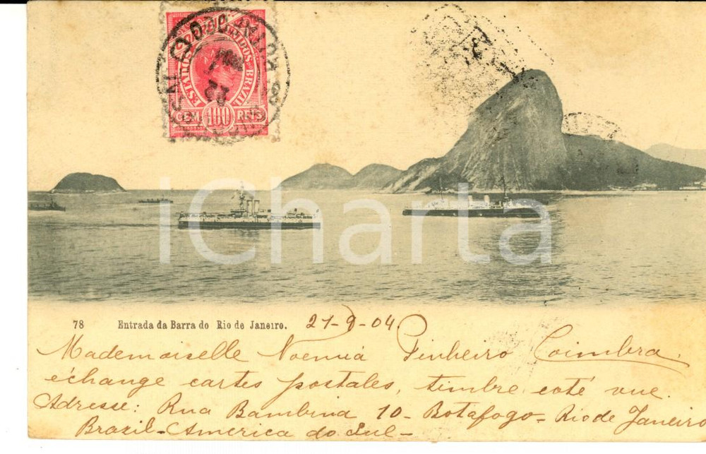 Cartolina originale da collezione 1904 RIO DE JANEIRO Ingresso della baia Cartolina ANIMATA con navi in transito 1