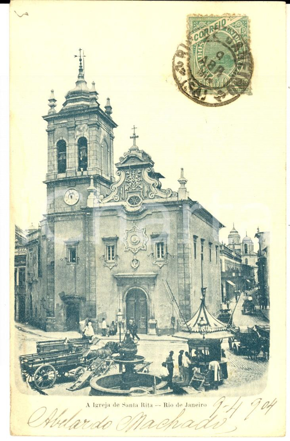 Cartolina originale da collezione 1904 RIO DE JANEIRO Igreja de SANTA RITA Cartolina ANIMATA con carri FP VG 1