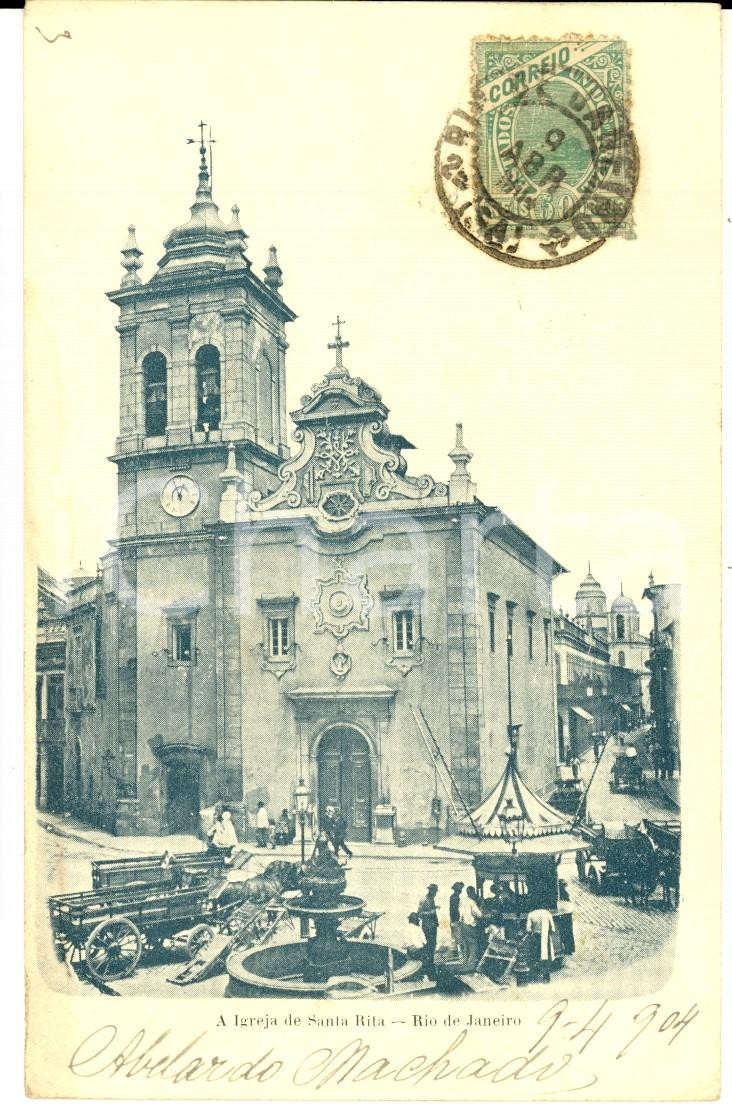 Cartolina originale da collezione 1904 RIO DE JANEIRO Igreja de SANTA RITA Cartolina ANIMATA con carri FP VG 1