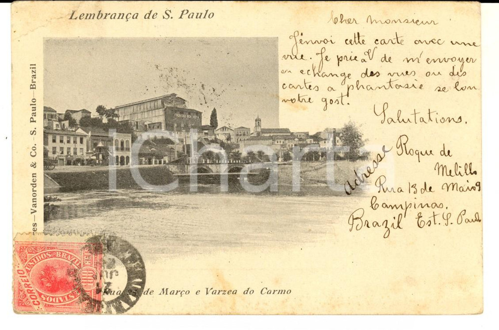 Cartolina originale da collezione 1904 SAO PAULO BRAZIL Rua 25 de MarÃ§o e Varzea do Carmo Vintage postcard 1