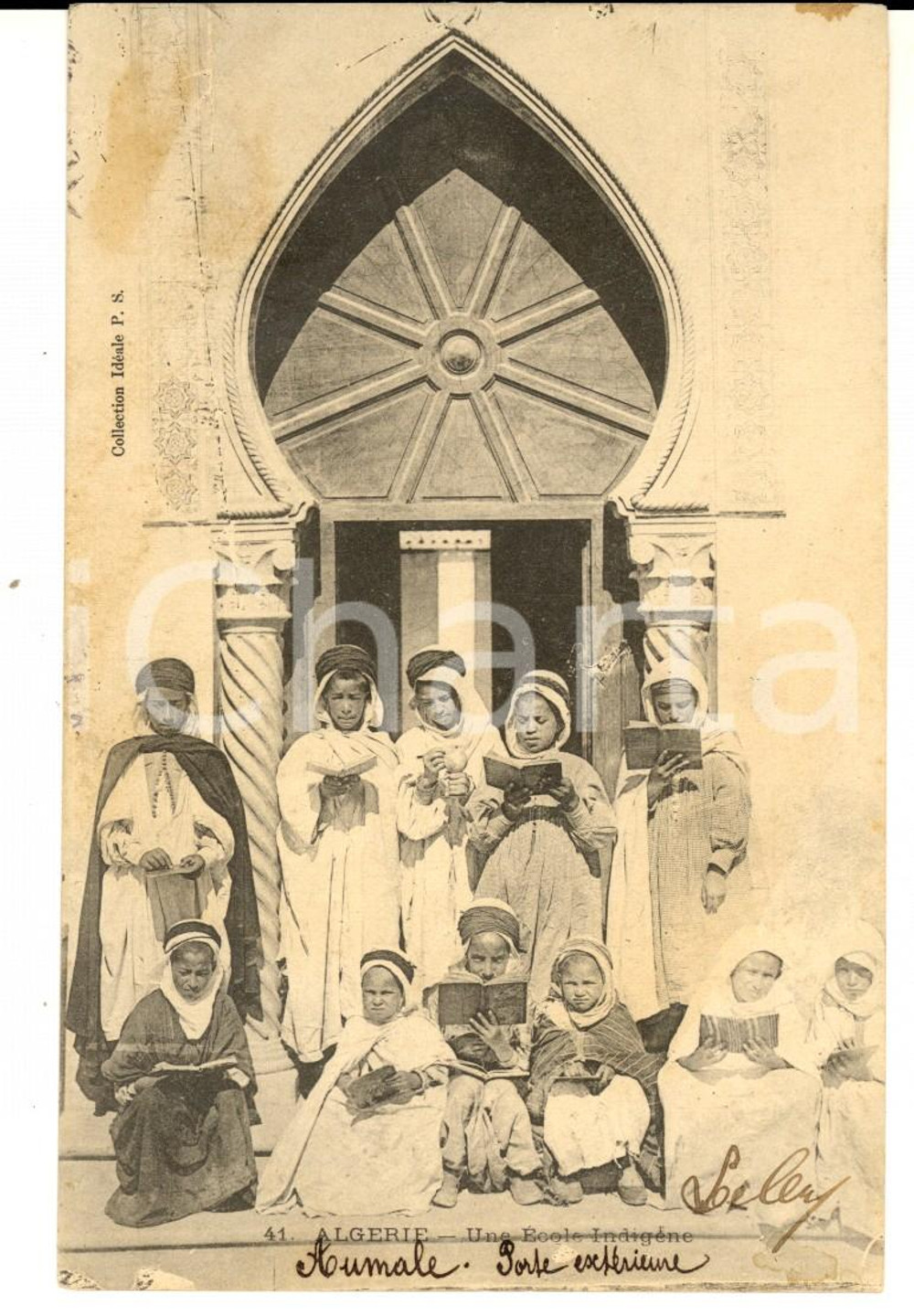 Cartolina originale da collezione 1905 ca COUTUMES ALGERIE Une Ã©cole indigÃ¨ne Carte postale VINTAGE FP VG 1