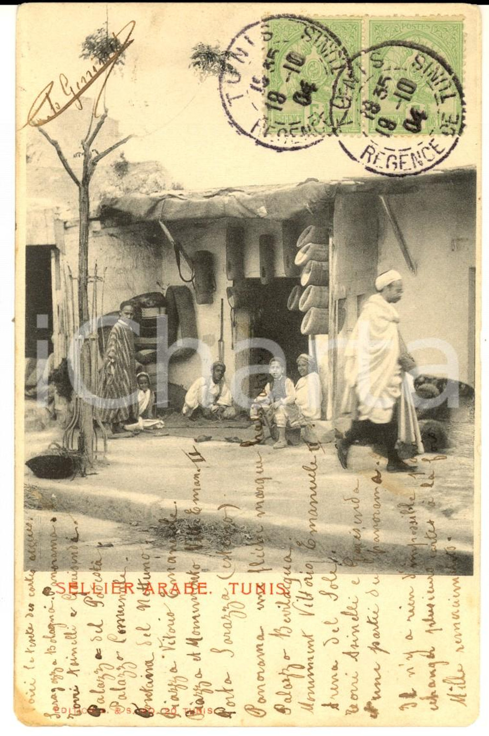 Cartolina originale da collezione 1904 COUTUMES TUNISIE Un sellier arabe Carte postale VINTAGE ANIMEE enfants 1
