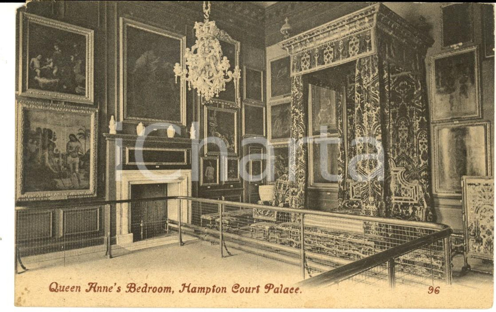 Cartolina originale da collezione 1908 LONDON HAMPTON COURT Palace  Queen s Anne bedroom Cartolina postale FP VG 1