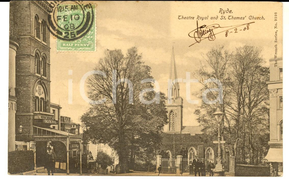 Cartolina originale da collezione 1908 RYDE UK Theatre Royal and St. Thomas  church VINTAGE postcard FP 1