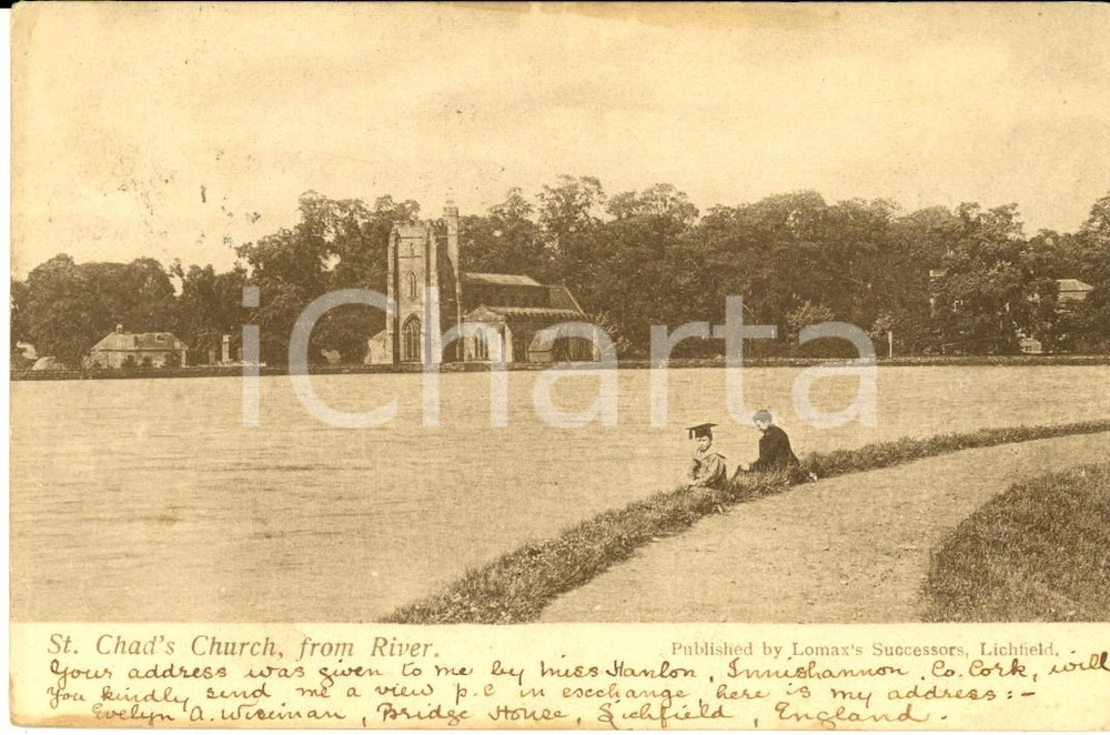 Cartolina originale da collezione 1904 LICHFIELD UK ST CHAD S CHURCH dal fiume Cartolina ANIMATA con bambini 1