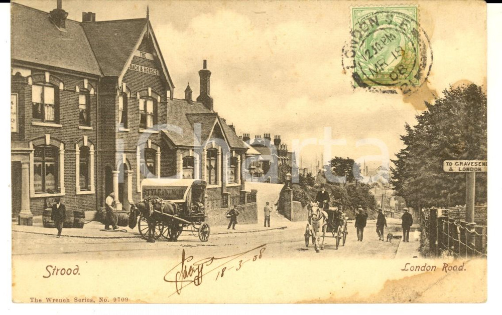 Cartolina originale da collezione 1908 STROOD KENT, UK London Road Vintage postcard COACH & HORSES 1
