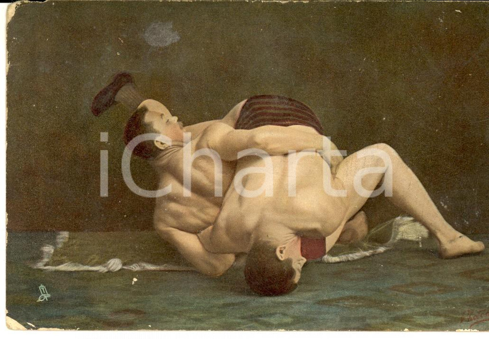 Cartolina originale da collezione 1910 ART WRESTLING Turngrip on the floor VINTAGE postcard FP VG 1