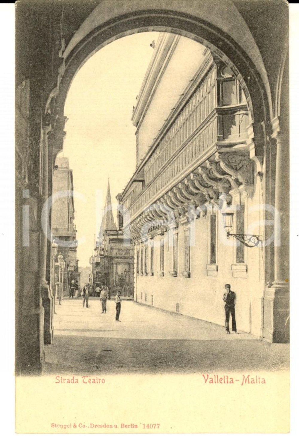 Cartolina originale da collezione 1900 ca MALTA Strada Teatro Cartolina postale VINTAGE ANIMATA FP NV 1