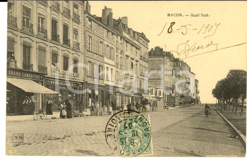 Cartolina originale da collezione 1907 MACON FRANCE Quai Sud Carte postale avec J. ROUZEREAU quincaillerie 1