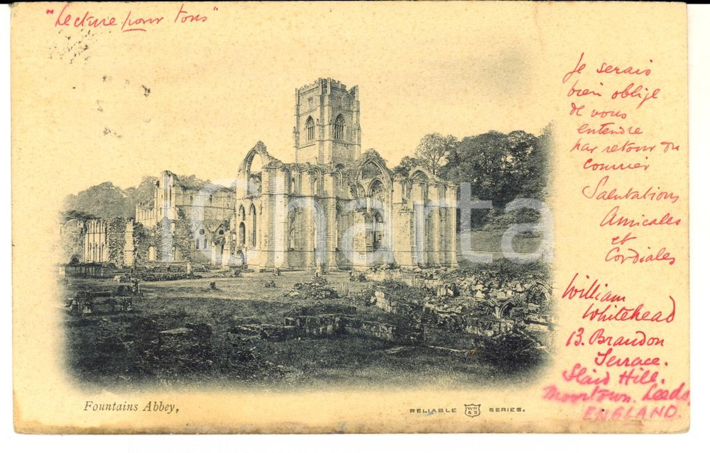 Cartolina originale da collezione 1904 FOUNTAINS ABBEY UK Veduta delle rovine VINTAGE postcard FP VG 1