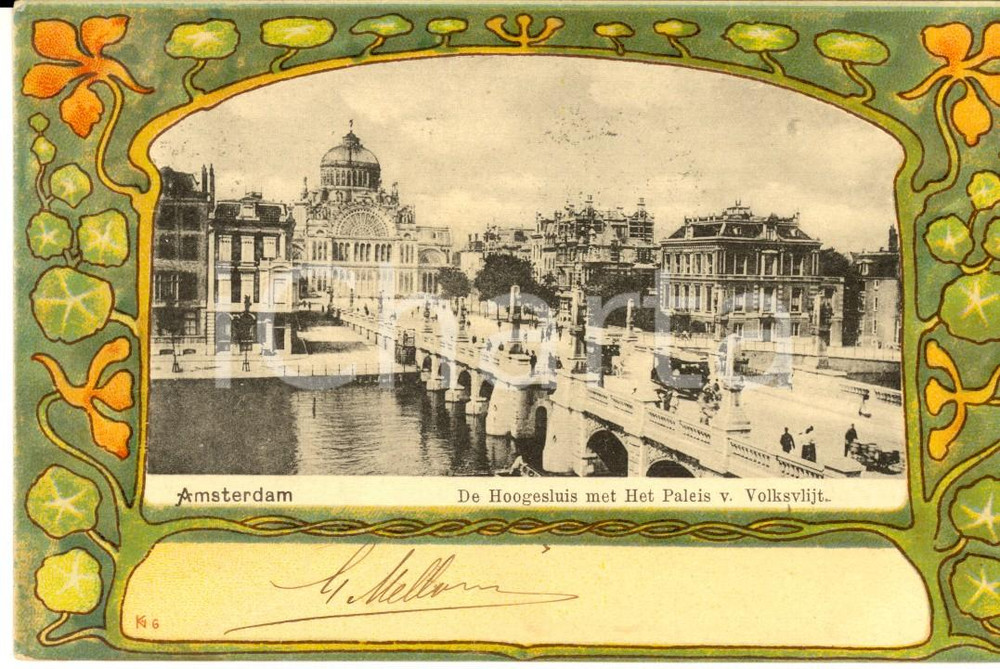 Cartolina originale da collezione 1905 AMSTERDAM NL De Hoogesluis met Het Paleis v. Volksvlijt VINTAGE Postcard 1