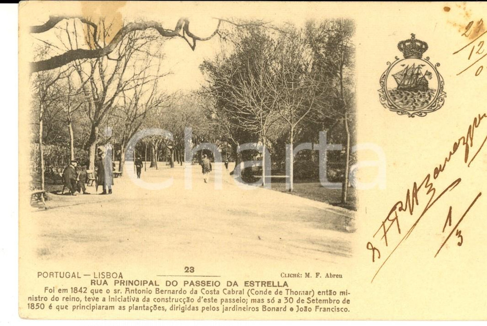 Cartolina originale da collezione 1903 LISBOA PORTUGAL Rua principal do passeio da estrella Bilhete postal 1