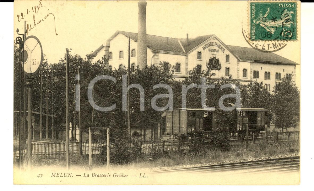 Cartolina originale da collezione 1908 MELUN FRANCE Brasserie franÃ§aise GRUBER Carte postale VINTAGE FP VG 1
