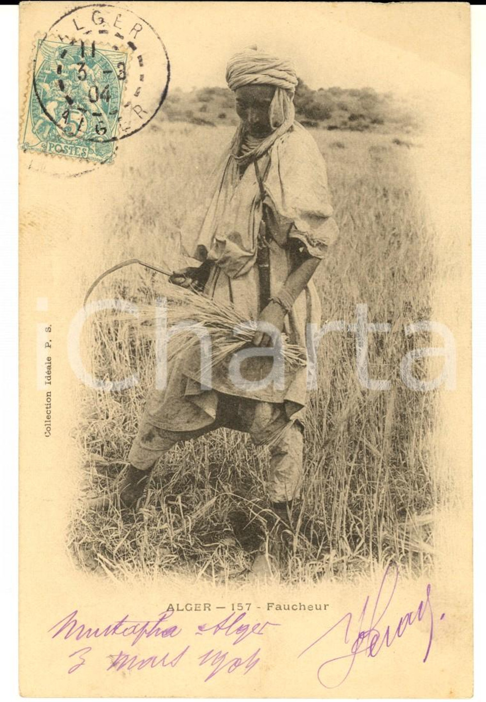 Cartolina originale da collezione 1904 COUTUMES ALGERIE Faucheur Carte postale VINTAGE FP VG 1