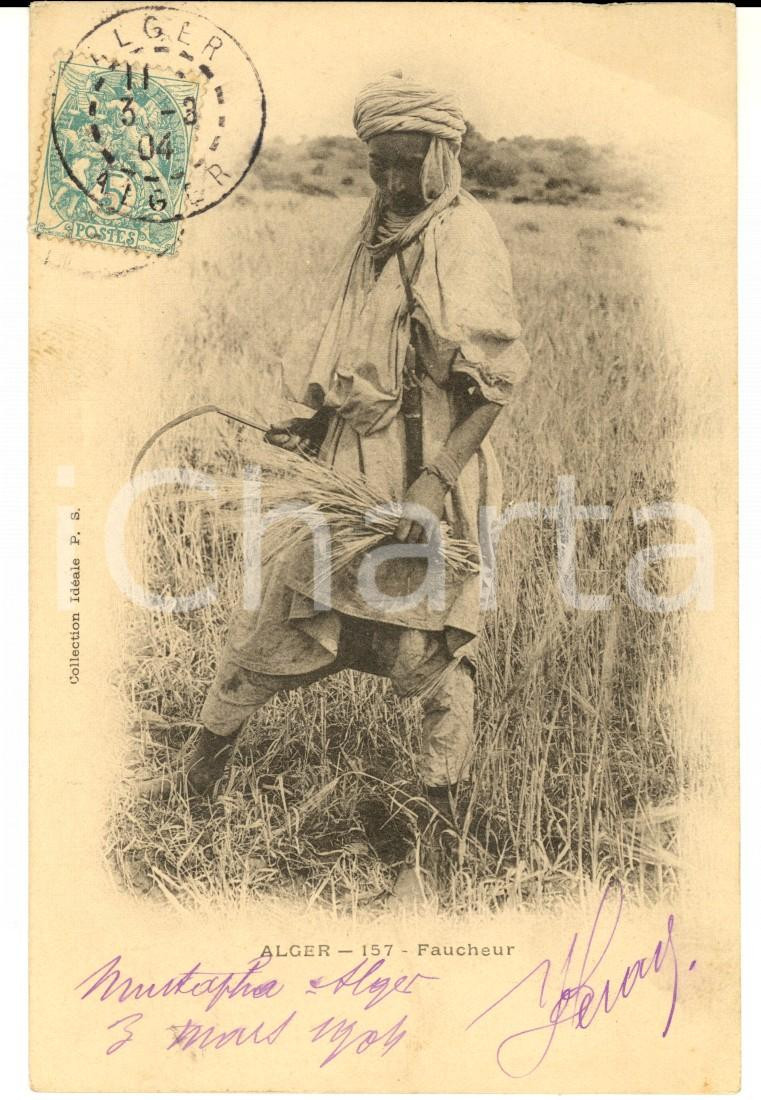 Cartolina originale da collezione 1904 COUTUMES ALGERIE Faucheur Carte postale VINTAGE FP VG 1