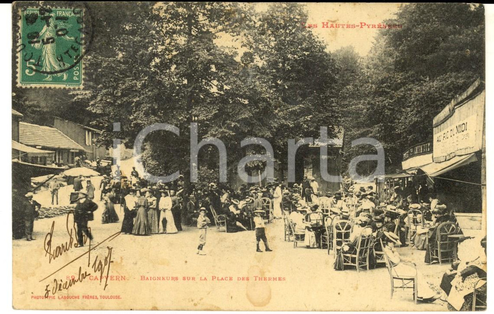 Cartolina originale da collezione 1907 CAPVERN PYRENEES Baigneurs sur la place des Thermes Carte postale 1