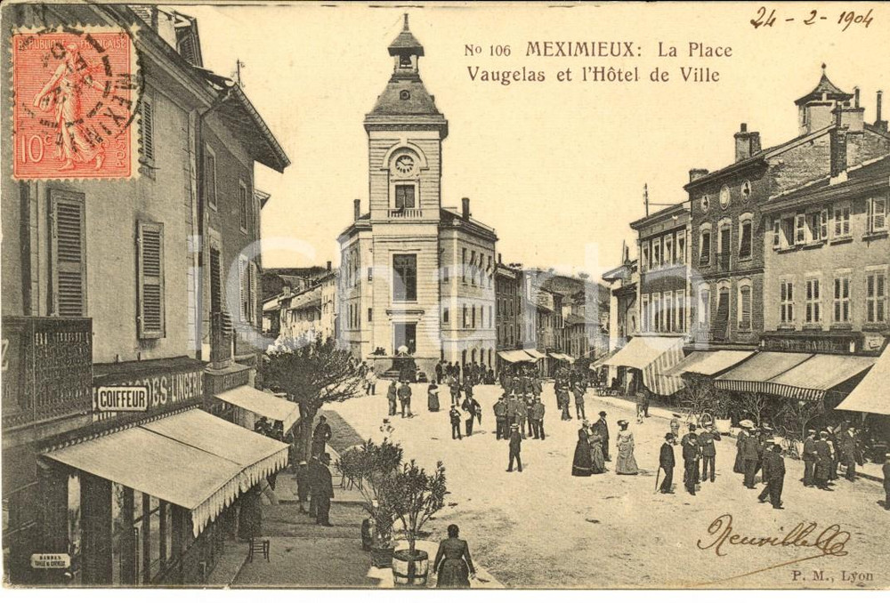 Cartolina originale da collezione 1904 MEXIMIEUX  Place VAUGELAS et hotel de ville Carte postale FP VG 1