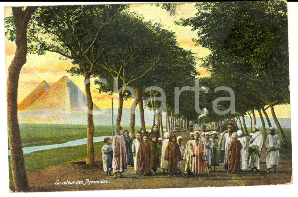 Cartolina originale da collezione 1910 ca EGITTO Bambini ritornano dalle piramidi Cartolina ANIMATA ILLUSTRATA 1
