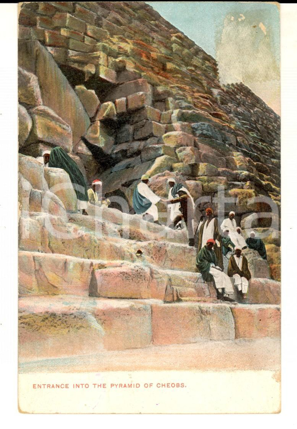 Cartolina originale da collezione 1912 EGITTO Ingresso alla piramide di CHEOPE Cartolina ANIMATA ILLUSTRATA 1