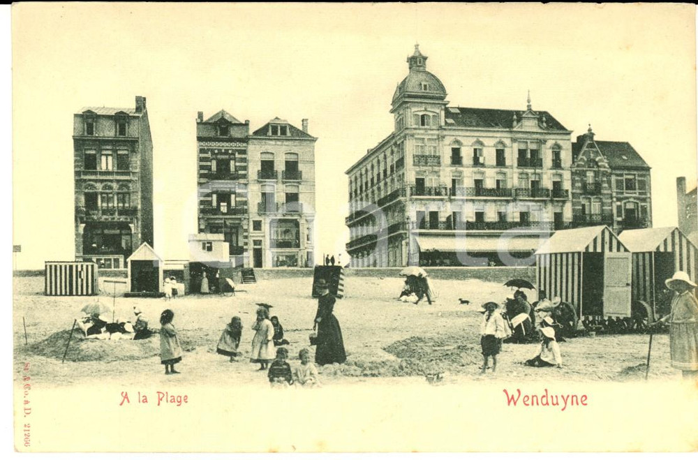 Cartolina originale da collezione 1900 ca WENDUINE BELGIO Bambini in spiaggia Cartolina ANIMATA VINTAGE FP 1