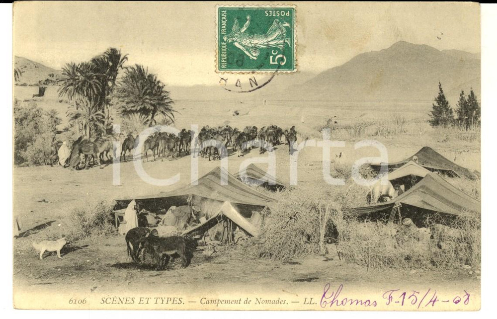 Cartolina originale da collezione 1908 COUTUMES ALGERIE Campement de nomades Carte postale VINTAGE FP VG 1