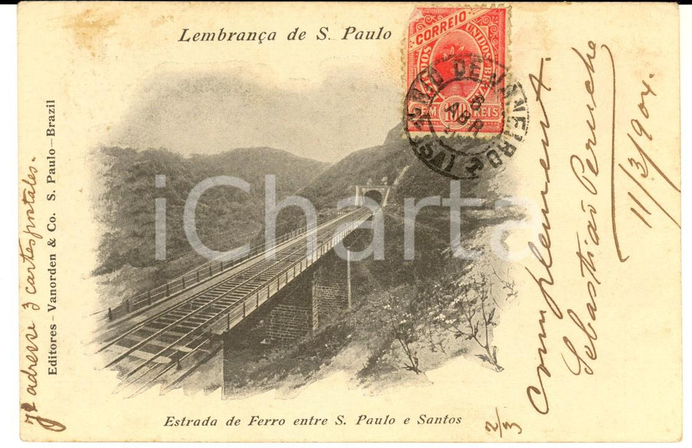 Cartolina originale da collezione 1904 BRAZIL Estrada de ferro entre SAO PAULO e SANTOS  Vintage postcard FPVG 1