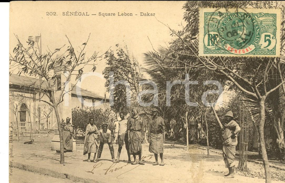 Cartolina originale da collezione 1906 DAKAR SENEGAL Square LEBON Cartolina ANIMATA con guardie FP VG 1
