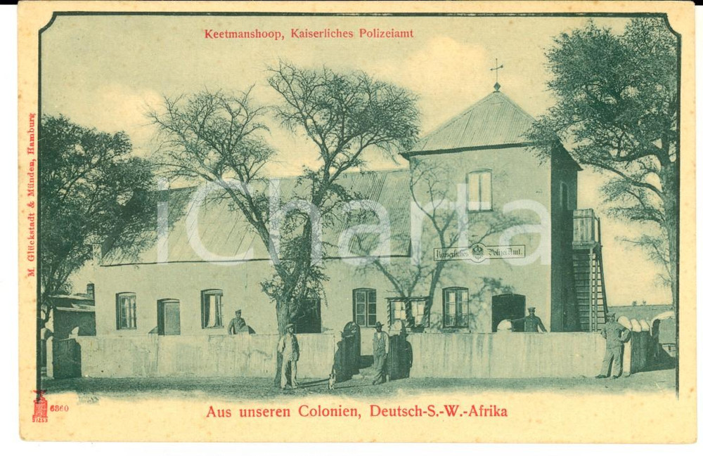 Cartolina originale da collezione 1900 ca KEETMANSHOOP NAMIBIA Posto di polizia Cartolina animata con guardie 1