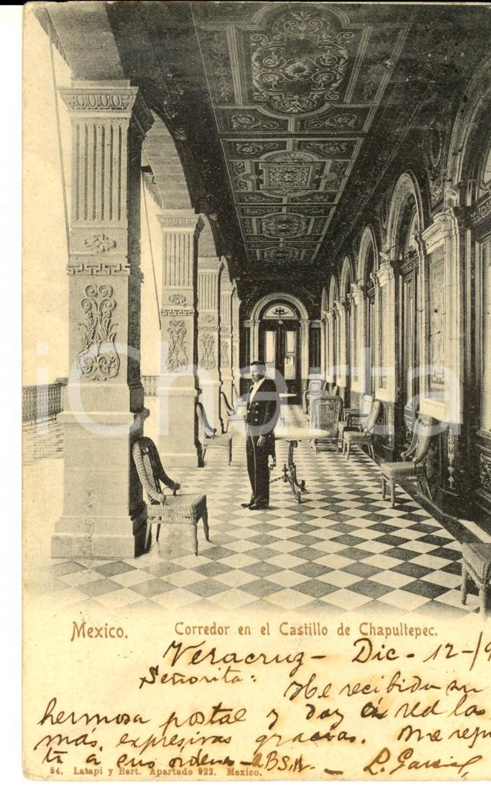 Cartolina originale da collezione 1904 MEXICO Corridoio castello di CHAPULTEPEC Cartolina ANIMATA con cameriere 1