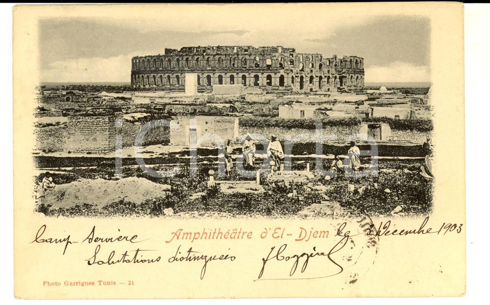 Cartolina originale da collezione 1903 EL JEM TUNISIE Anfiteatro romano Cartolina ANIMATA VINTAGE FP VG 1