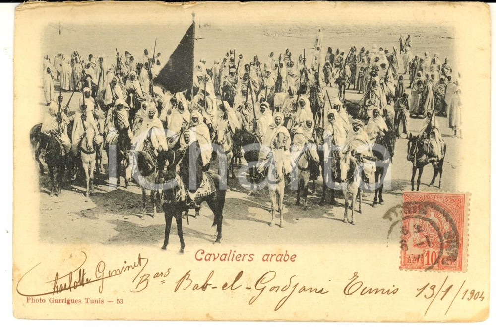 Cartolina originale da collezione 1904 COSTUMI TUNISIA Drappello di cavalieri arabi Cartolina ANIMATA VINTAGE FP 1