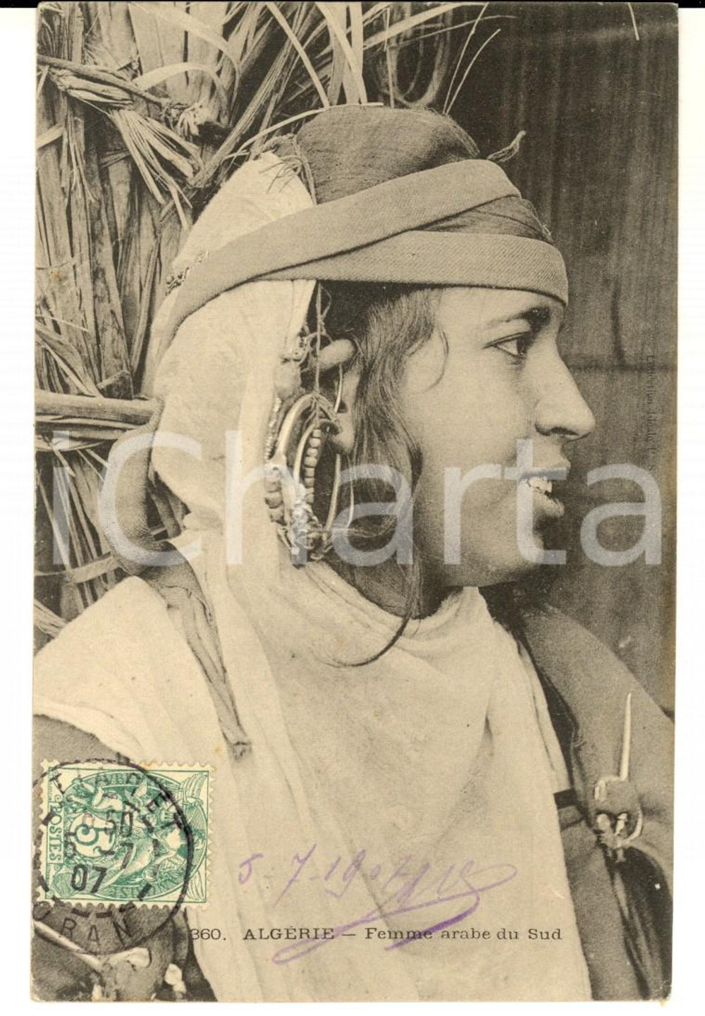 Cartolina originale da collezione 1907 COUTUMES ALGERIE Femme arabe du Sud Carte postale VINTAGE FP VG 1