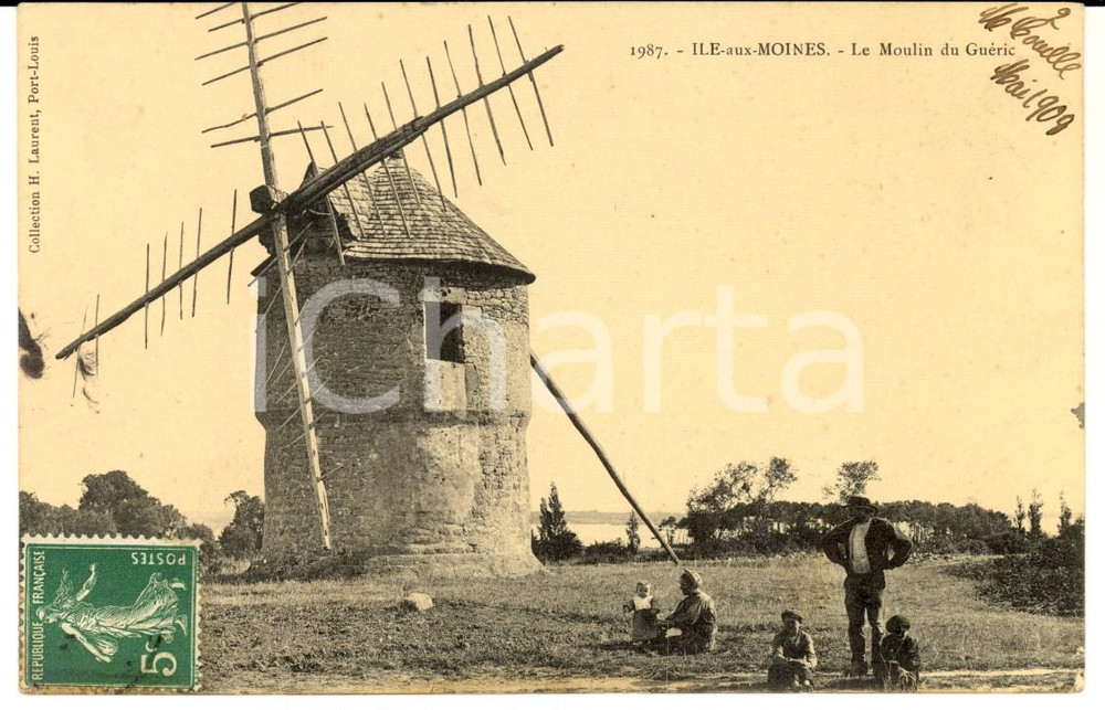 Cartolina originale da collezione 1908 ILEAUXMOINES F Moulin du GuÃ©ric Carte postale ANIMEE VINTAGE 1