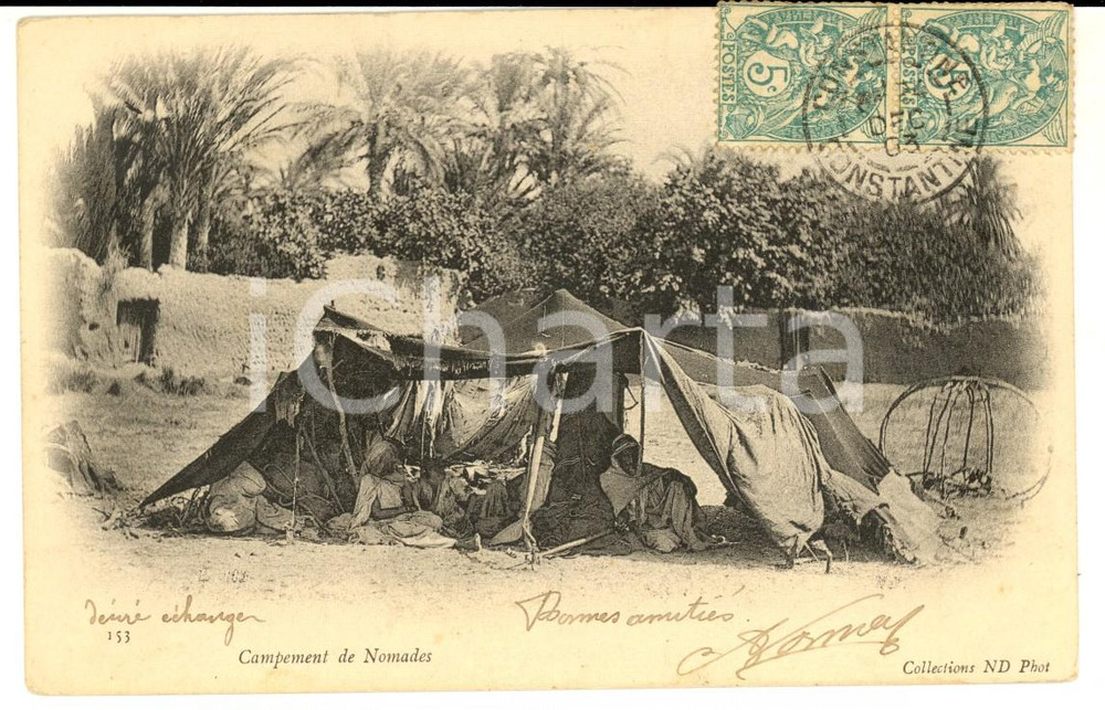 Cartolina originale da collezione 1903 COUTUMES ALGERIE Campement de nomades Carte postale VINTAGE FP VG 1