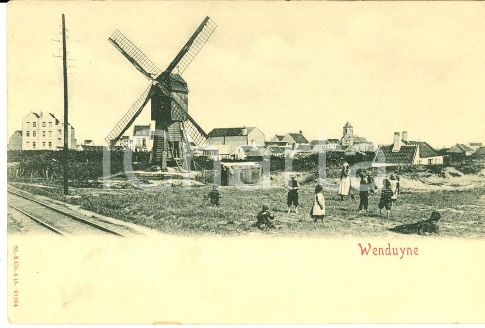Cartolina originale da collezione 1900 ca WENDUINE Belgique Veduta con mulini a vento Cartolina ANIMATA bambini 1