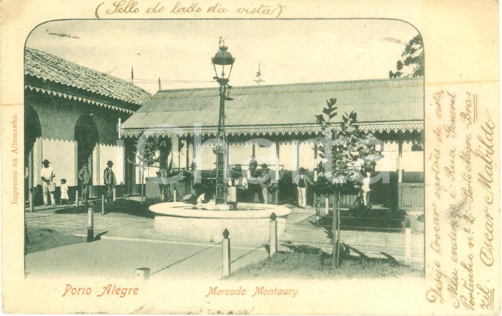 Cartolina originale da collezione 1904 PORTO ALEGRE BRASILE Turisti al Mercado MONTEREY Cartolina ANIMATA FP NV 1