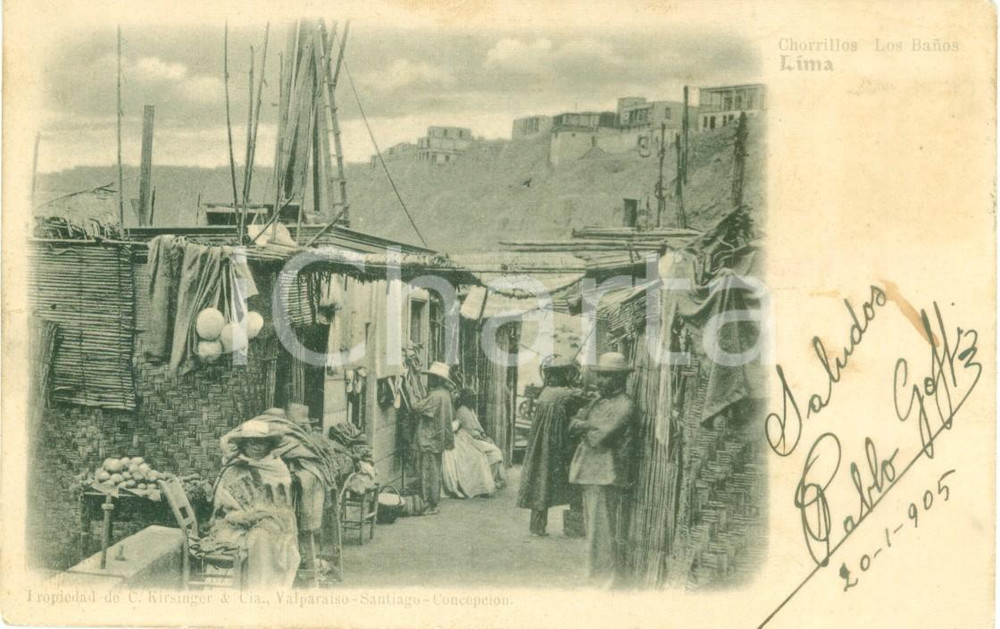 Cartolina originale da collezione 1905 LIMA PERU Los BaÃ±os a CHORRILLOS Cartolina postale ANIMATA FP VG 1