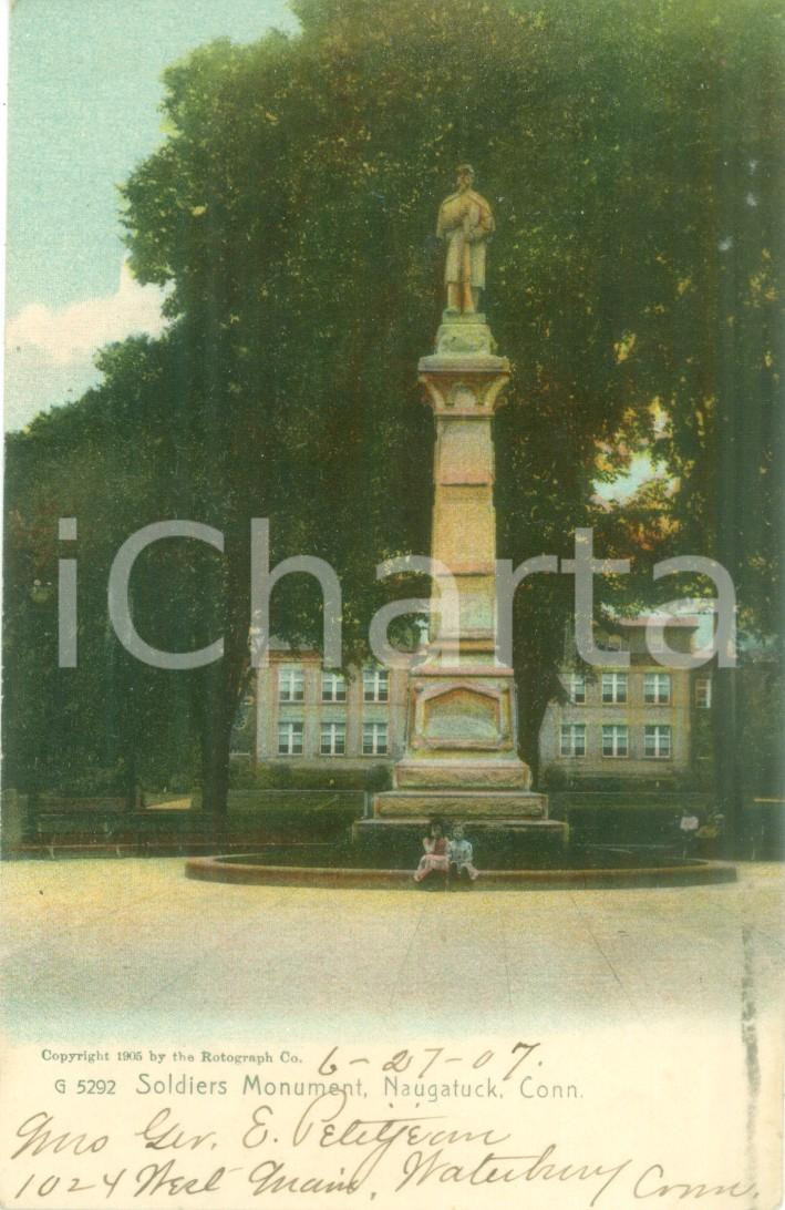 Cartolina originale da collezione 1905 NAUGATUCK, CONNECTICUT USA Soldiers Monument Cartolina ANIMATA FP NV 1