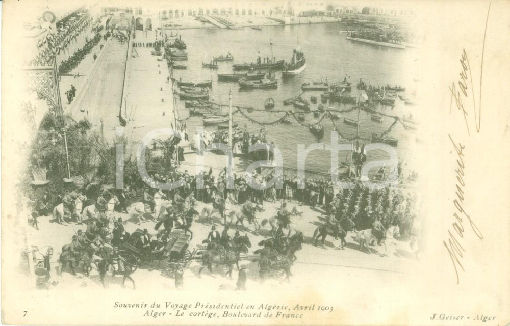 Cartolina originale da collezione 1903 ALGER Corteo Presidenziale francese in Boulevard de FRANCE Cartolina FP VG 1