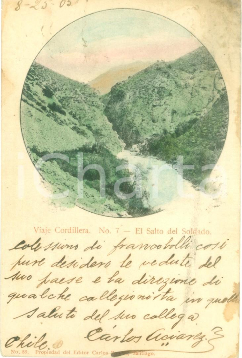 Cartolina originale da collezione 1905 CHILE Viaje Cordillera El Salto del Soldado Cartolina postale FP VG 1