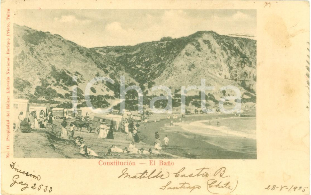 Cartolina originale da collezione 1900 ca CONSTITUCION CHILE Bagnanti in spiaggia con i carri Cartolina FP NV 1
