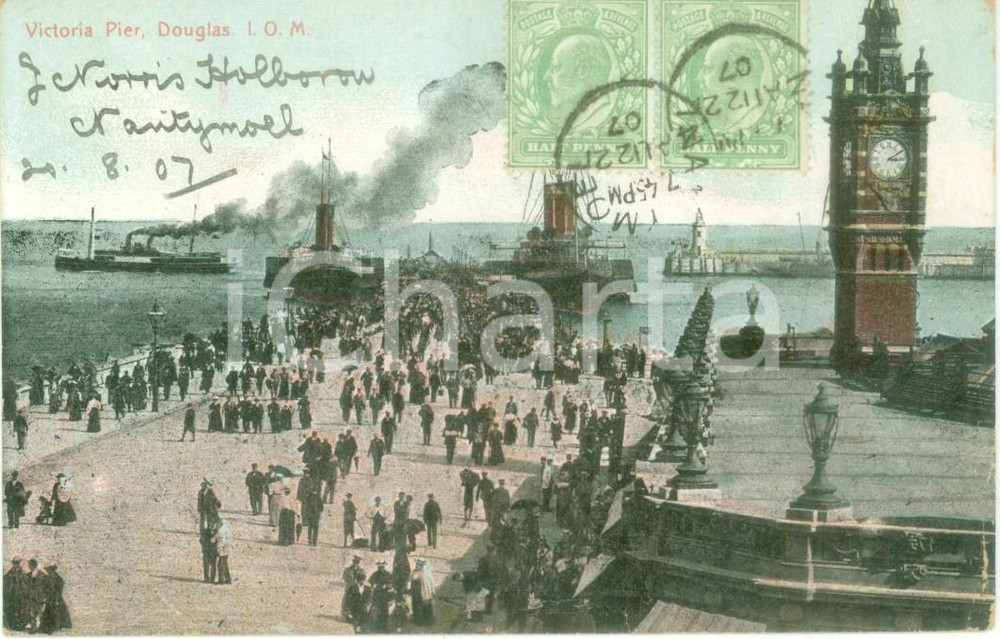 Cartolina originale da collezione 1907 DOUGLAS ISLE OF MAN Vaporetti al Victortia Pier Cartolina postale FP VG 1
