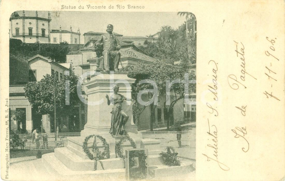 Cartolina originale da collezione 1906 RIO DE JANEIRO BRASILE Statua del Visconte di RIO BRANCO Cartolina FP VG 1